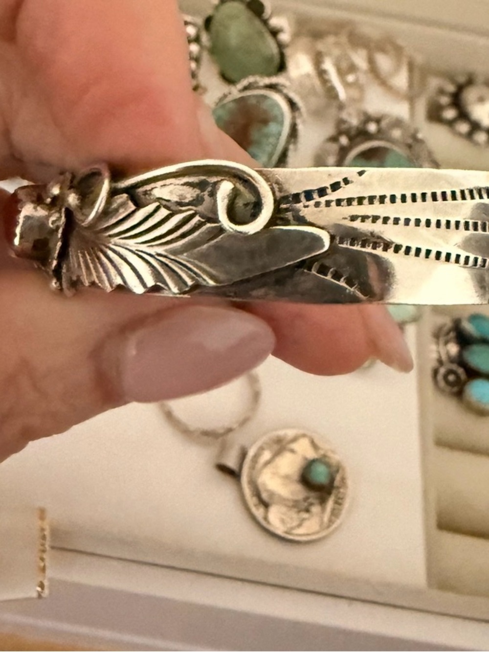 Native Sterling Silver genuine Turquoise and Coral Floral Bracelet/ cuff - Picture 3 of 4